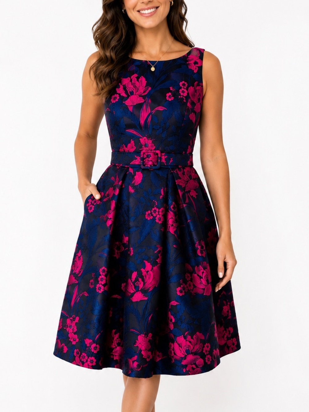 Eliza J Navy and Fuchsia Floral Midi Dress